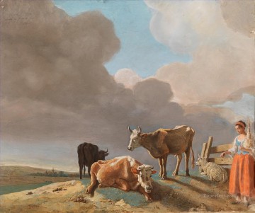 羊飼い Painting - 牛 羊 羊飼いと過去の風景をふるいにかける